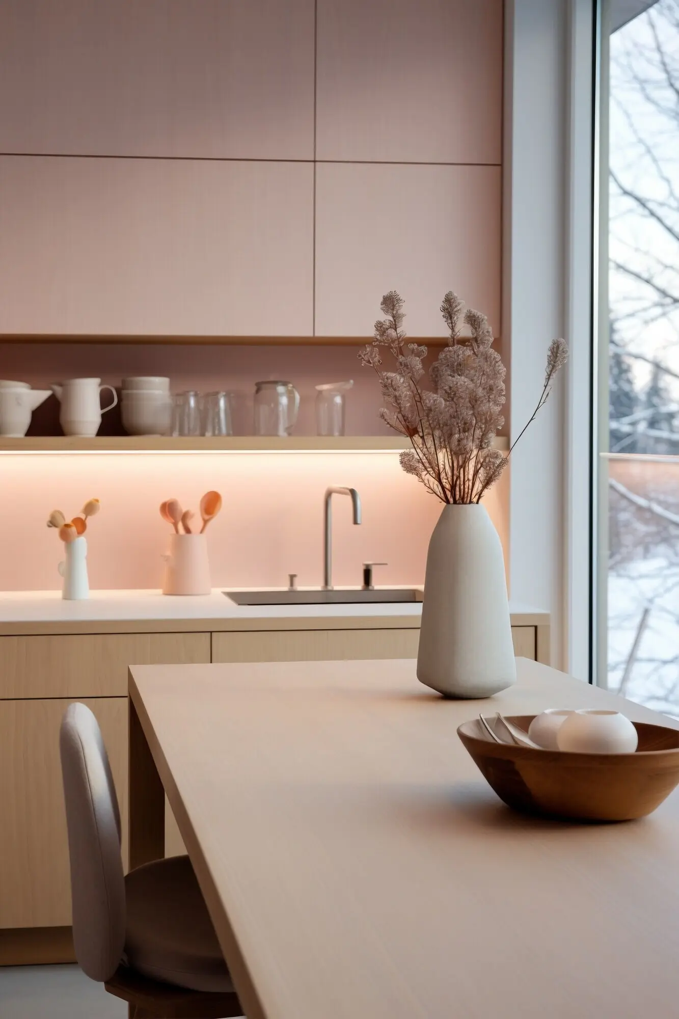 Moderne Küche mit zeitgenössischer Innendekoration und Möblierung