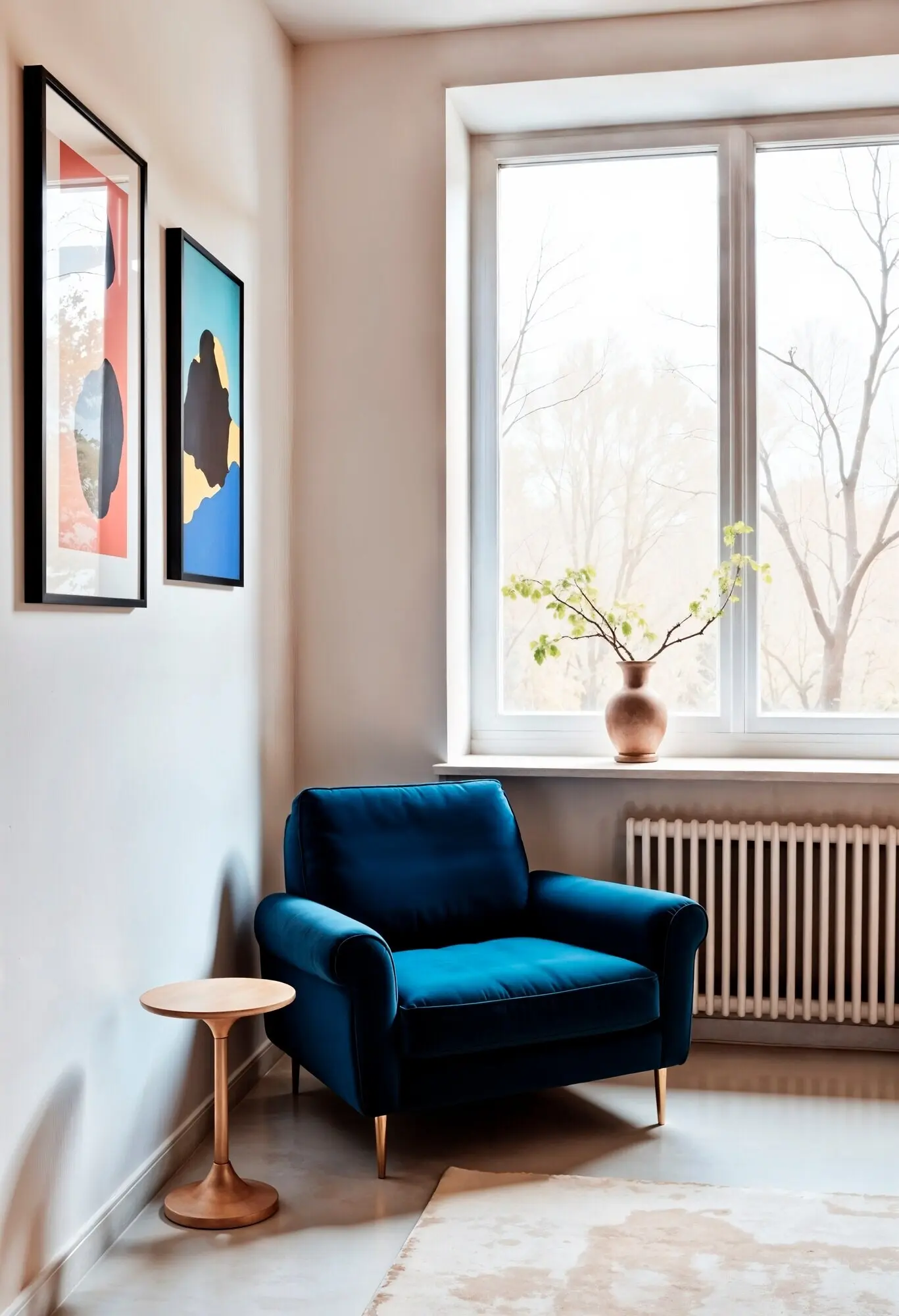 Gemütliches Wohnzimmer mit blauem Sessel und Kunst.